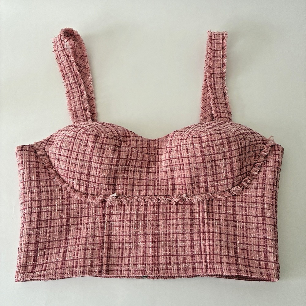 Guess Pink Tweed Bustier Womens Size Med Emily Crop Top Zip Coquette Barbiecore